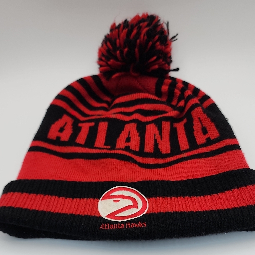 Adidas Red and Black Knit Hat with Pom-Pom